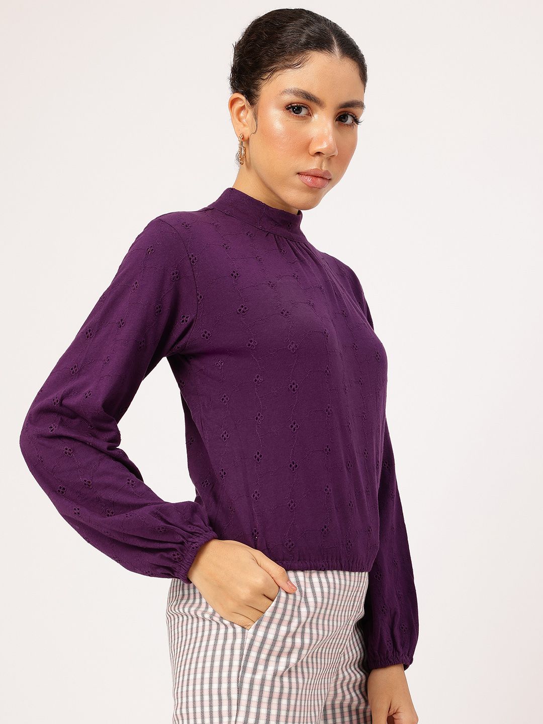 DressBerry Schiffli Whirl Puff Sleeve Blouson Top