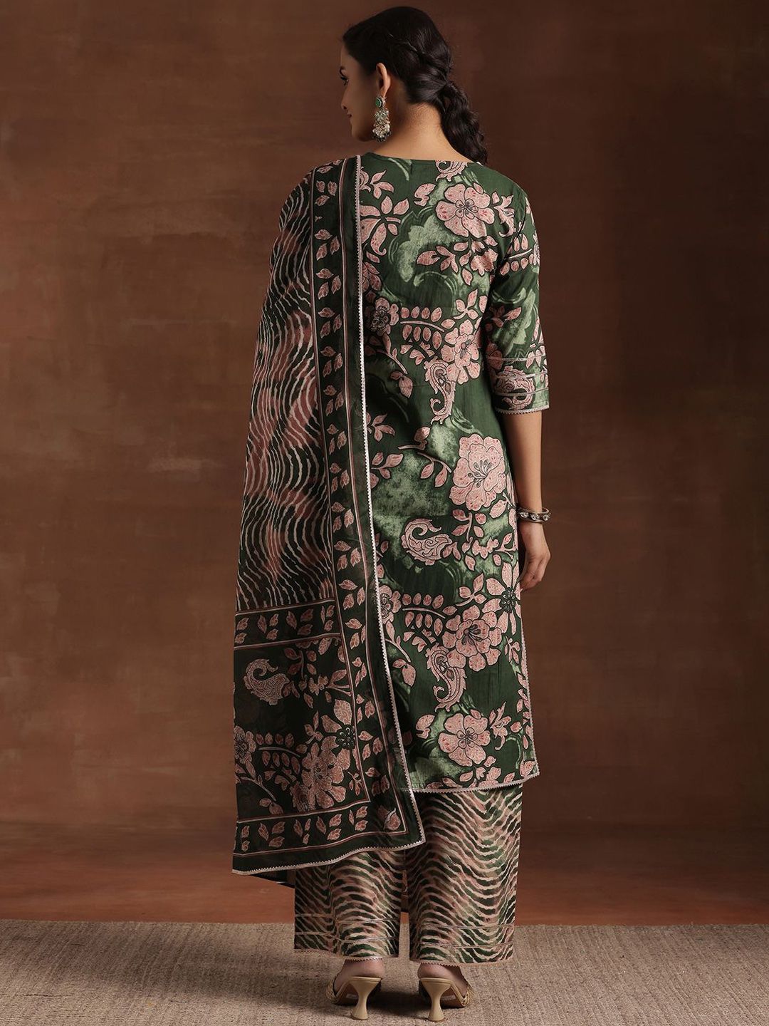 Libas Green Floral Printed Gotta Patti Pure Cotton Kurta With Palazzos & Dupatta