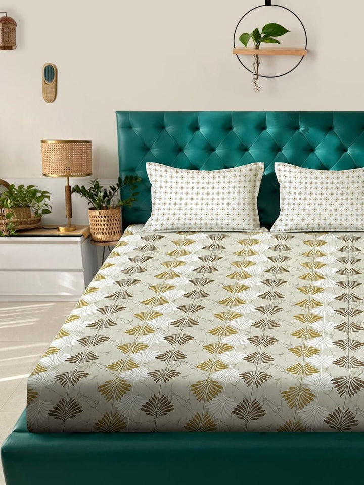 KLOTTHE Olive & White Floral Pure Cotton 400 TC Set Cadar Double King-2.5mX2.25m