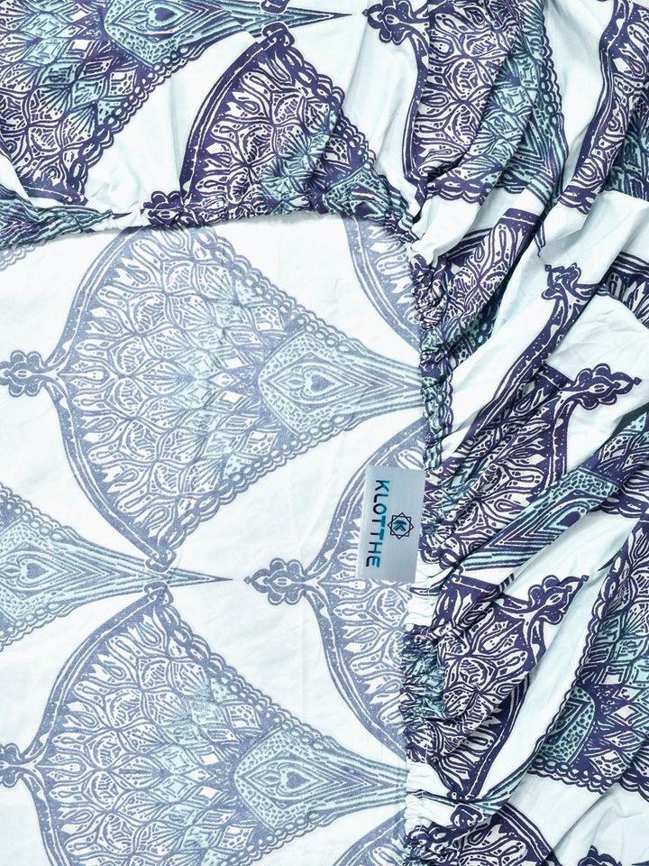 KLOTTHE Blue Floral Printed Dilengkapi Cadar 400TC Super King Dengan 2 Sarung Bantal