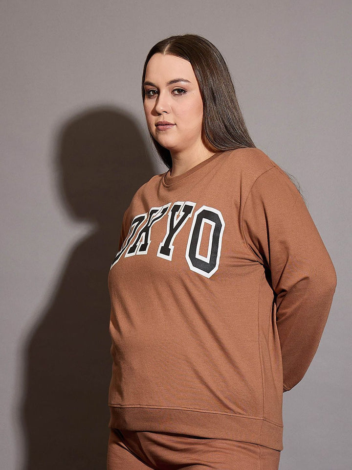 SASSAFRAS Curve Women Cotton Round Neck Plus Size Typography Printed Sweatshirt