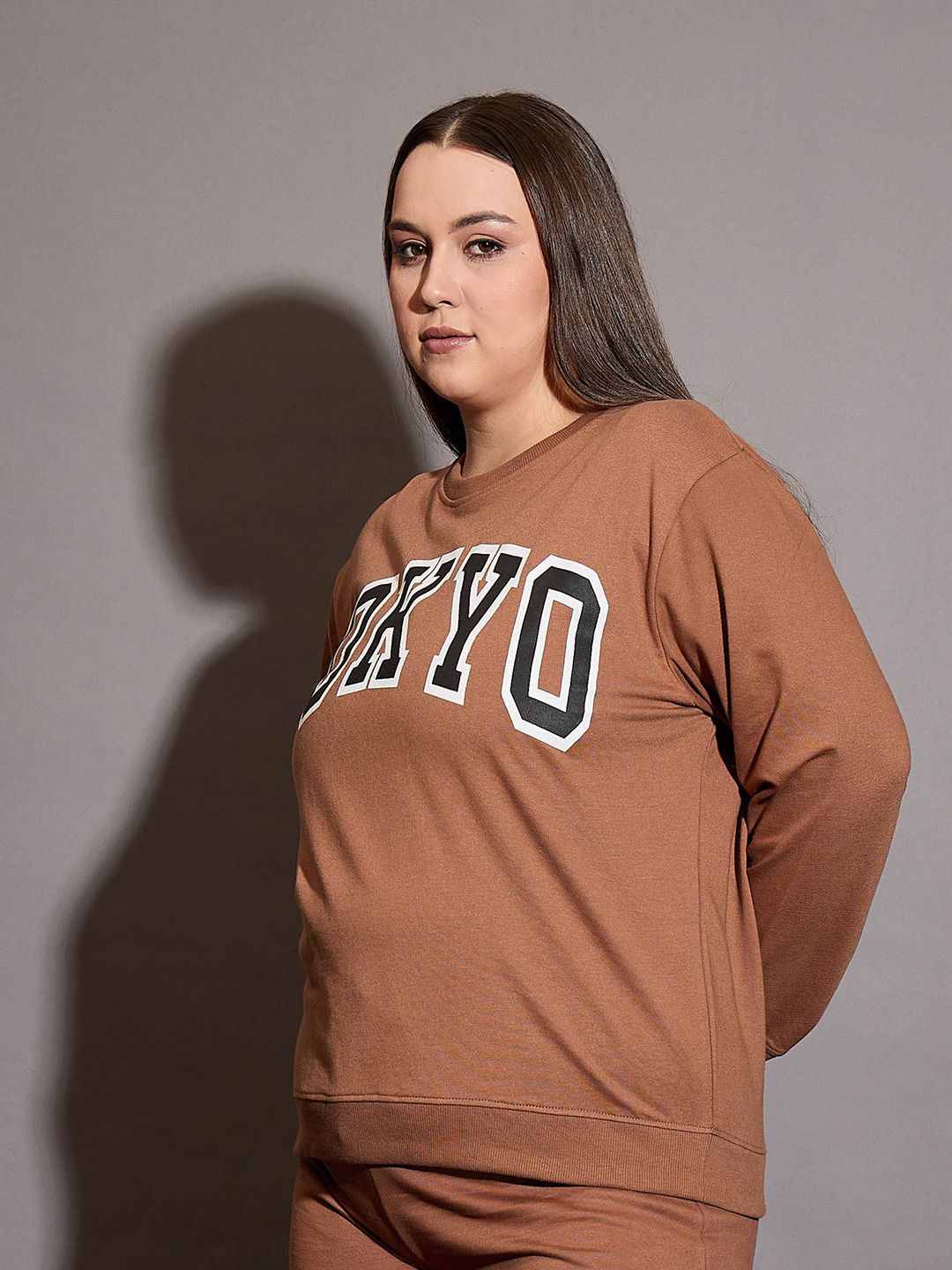 SASSAFRAS Curve Women Cotton Round Neck Plus Size Typography Printed Sweatshirt