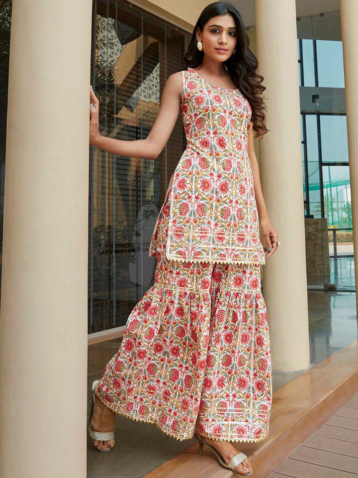KALINI Floral Printed Gotta Patti Pure Cotton Kurta with Sharara