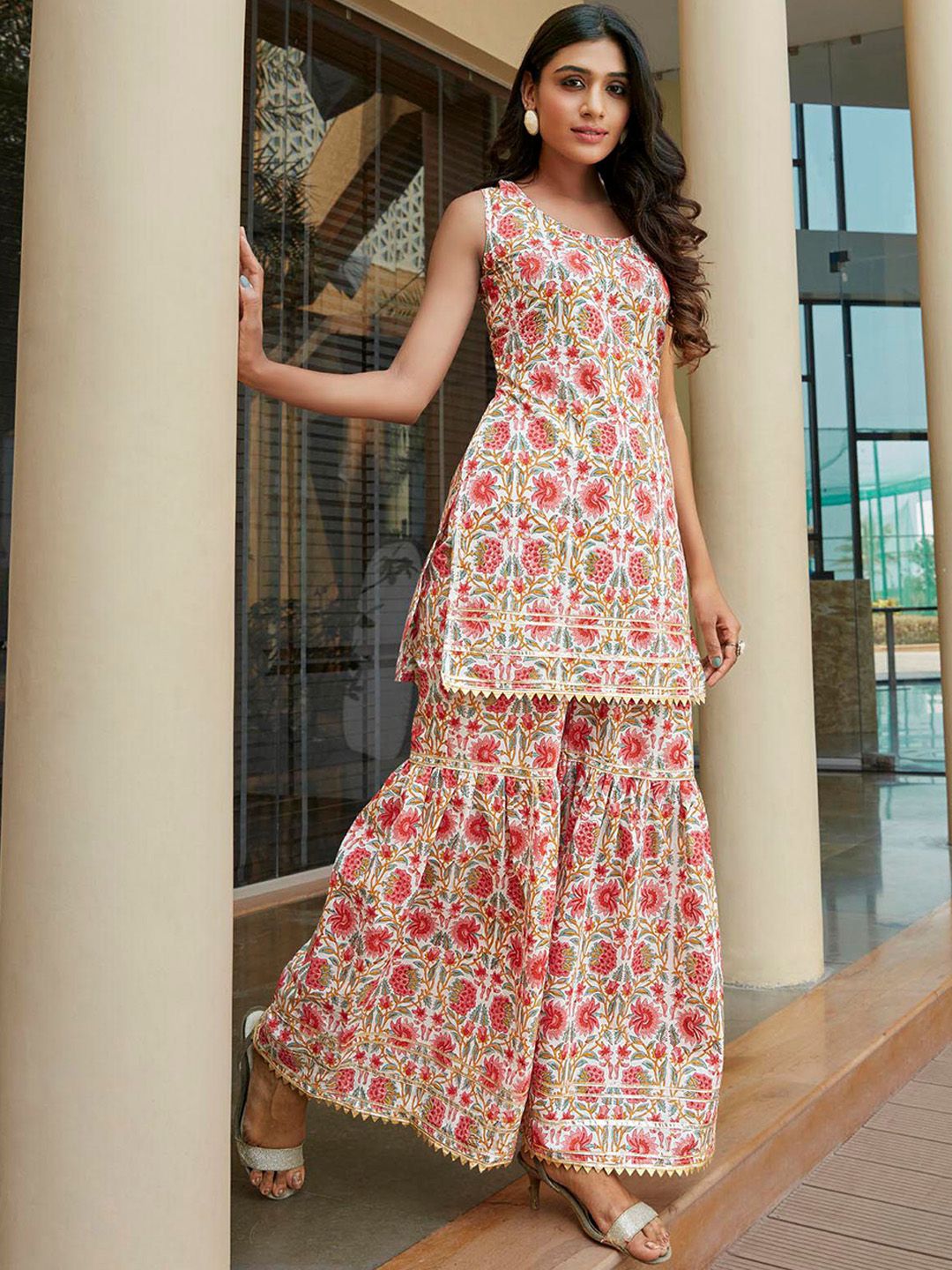 KALINI Floral Printed Gotta Patti Pure Cotton Kurta with Sharara