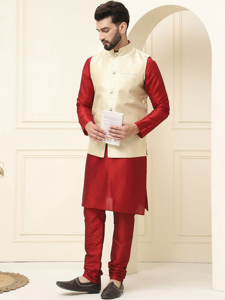 SOJANYA Mandarin Collar Zari Silk Cotton Straight Kurta with Pyjamas & Nehru jacket