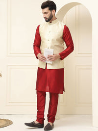 SOJANYA Mandarin Collar Zari Silk Cotton Straight Kurta with Pyjamas & Nehru jacket
