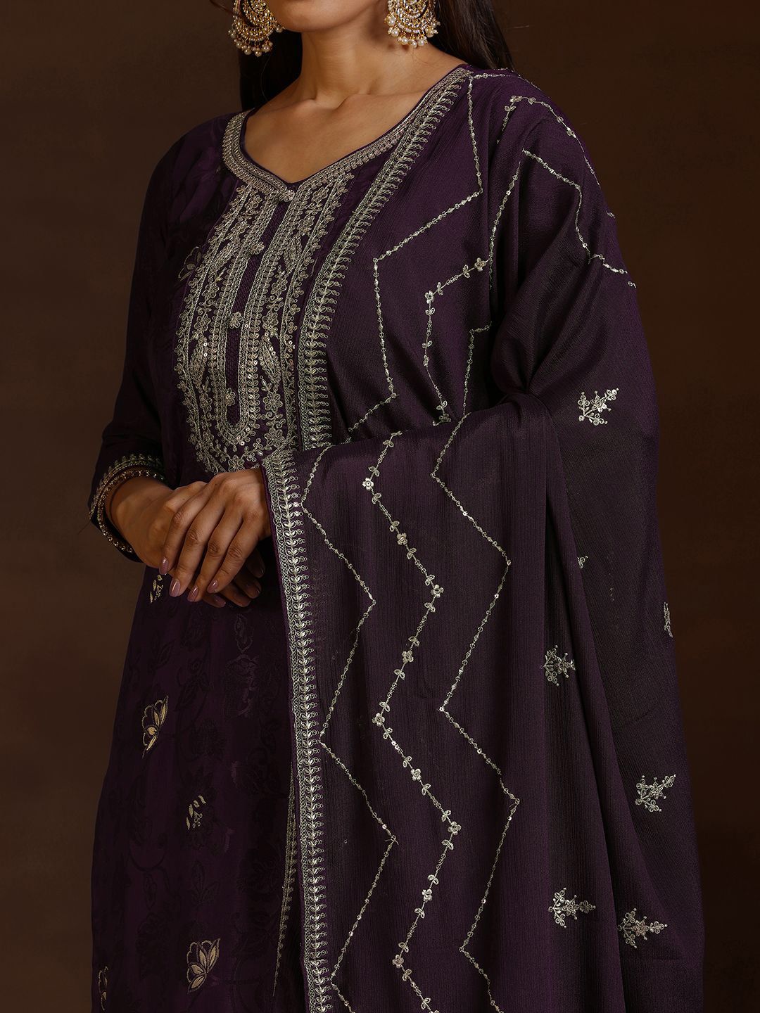 Libas Floral Printed V-Neck Thread Work Straight Kurta With Palazzos & Dupatta