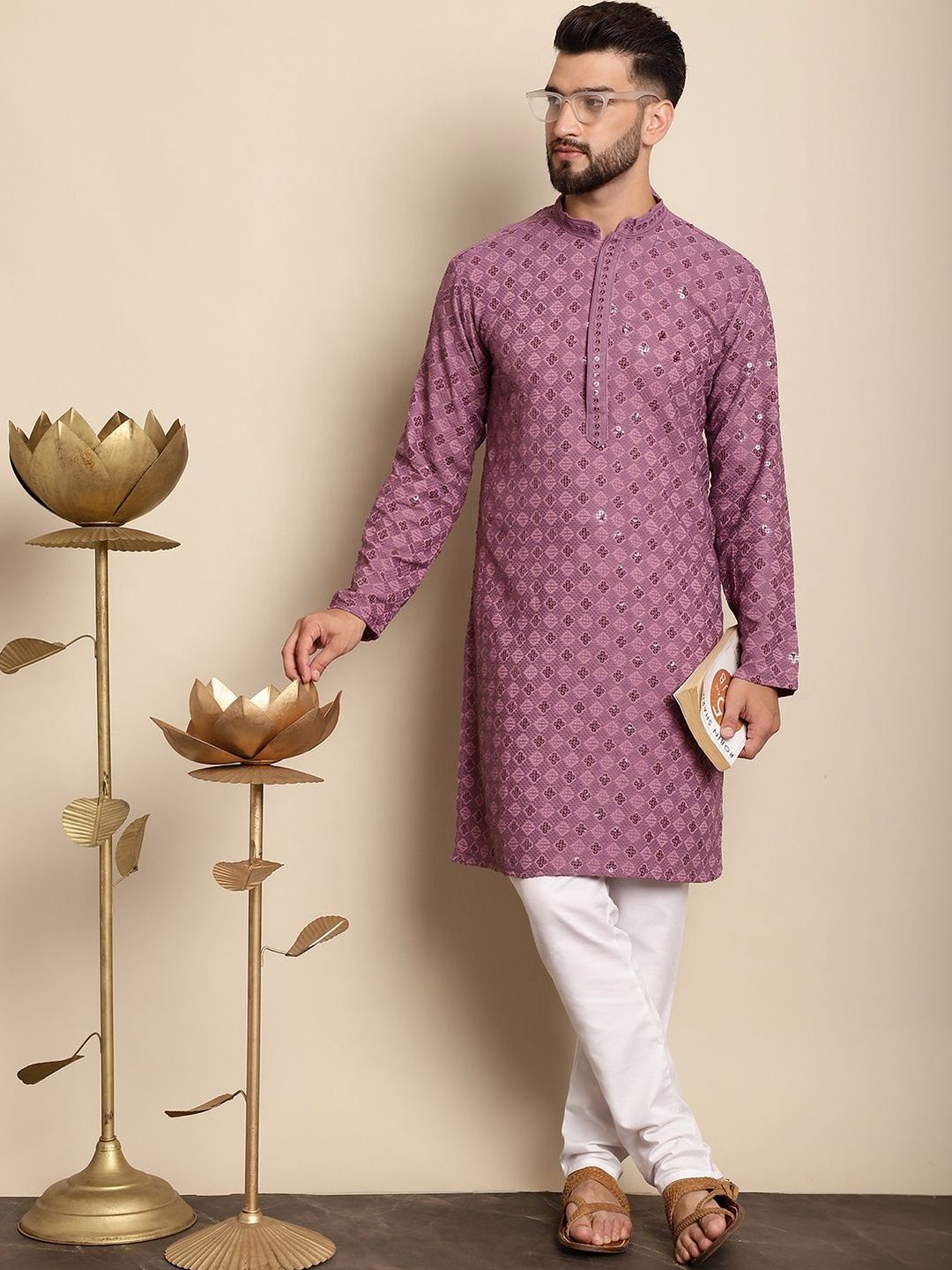 Anouk Lelaki Motif Etnik Bersulam Kurta Kapas Tulen Biasa dengan Piyama