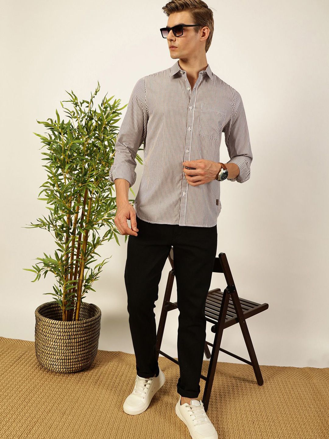 Thomas Scott Men Smart Spread Collar Vertical Striped Cotton Slim Fit Casual Shirt