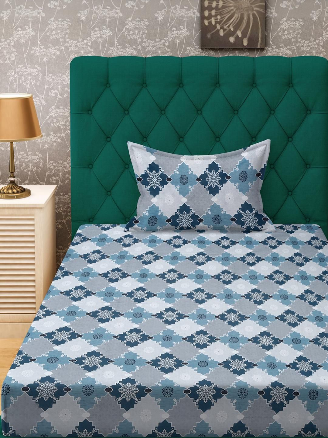 Cadar Bujang Kapas Geometrik Biru KLOTTHE