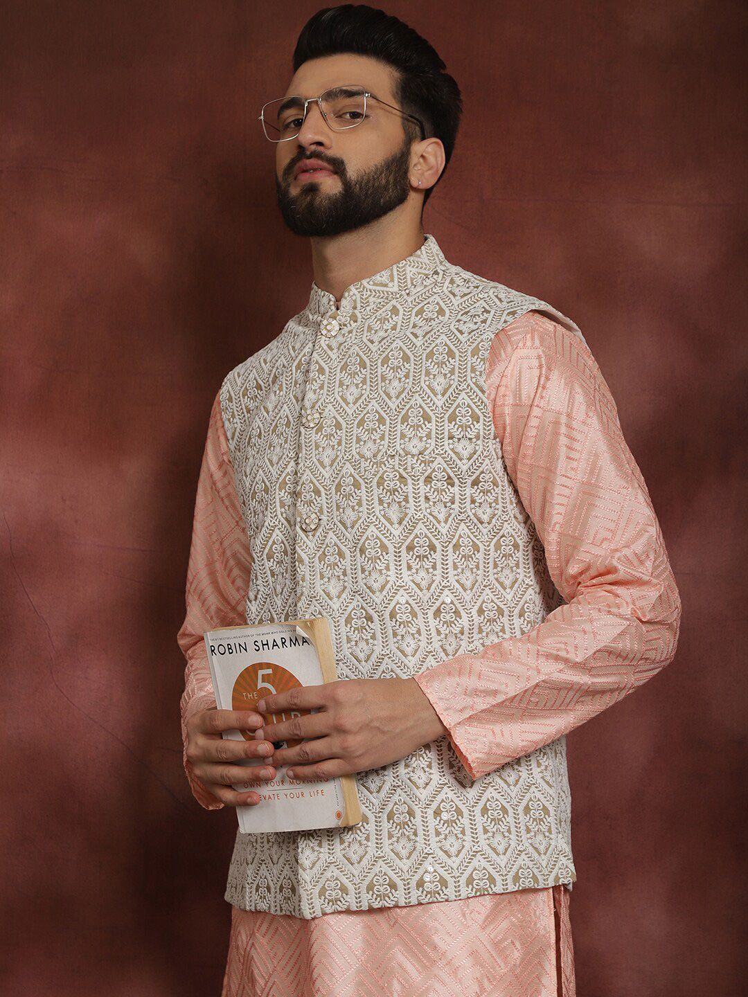 Anouk Embroidered Regular Thread Work Kurta With Churidar & Nehru Jacket