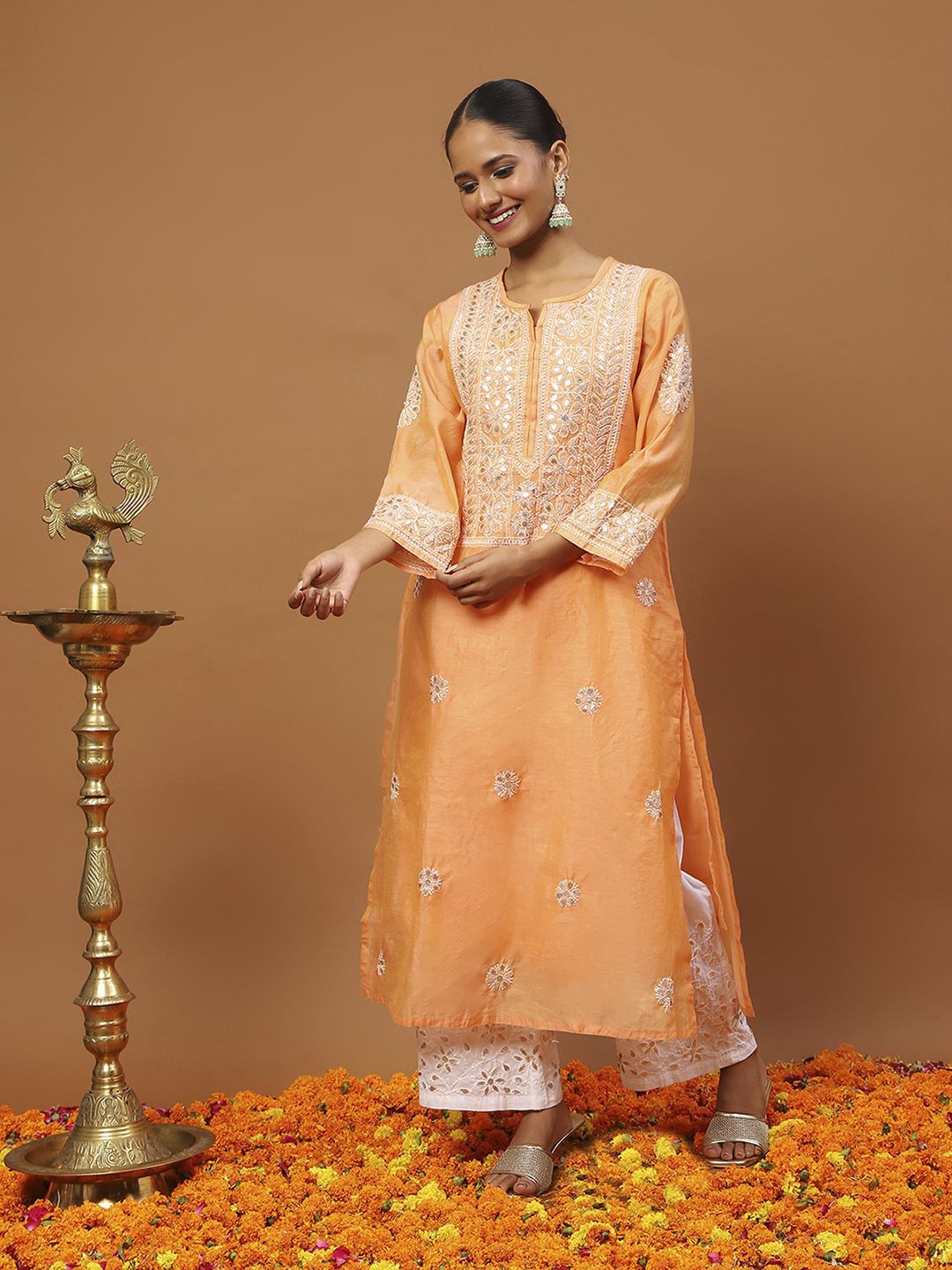 House of Chikankari Women Orange Chanderi Chikankari Embroidered Kurta Set