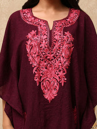 House of Chikankari Crafts Aari Embroidered Solid Women's Kaftan Set - Wine