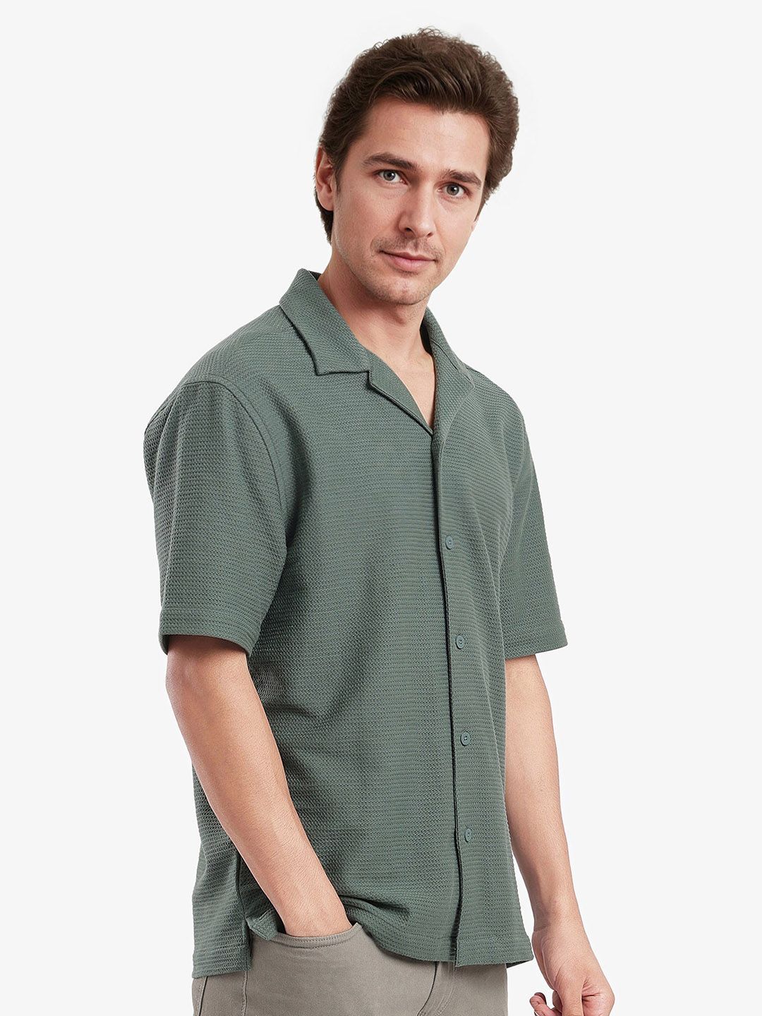 RARE RABBIT Men Comfort Spread Collar Textured Cotton Boxy Casual Shirt