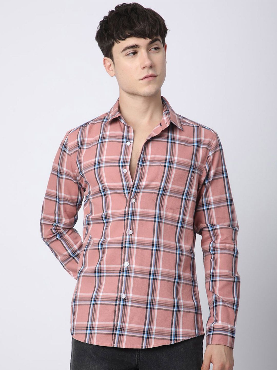 VASTRADO Premium Cotton Dark Peach Dupplin Checked Pure Cotton Shirt