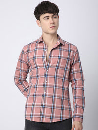 VASTRADO Premium Cotton Dark Peach Dupplin Checked Pure Cotton Shirt
