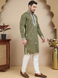 Jompers Embroidered Thread Work Mandarin Collar Straight Kurta With Pyjamas