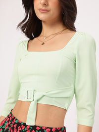 DressBerry Cuffed Sleeves Pleated Belted Crop Top