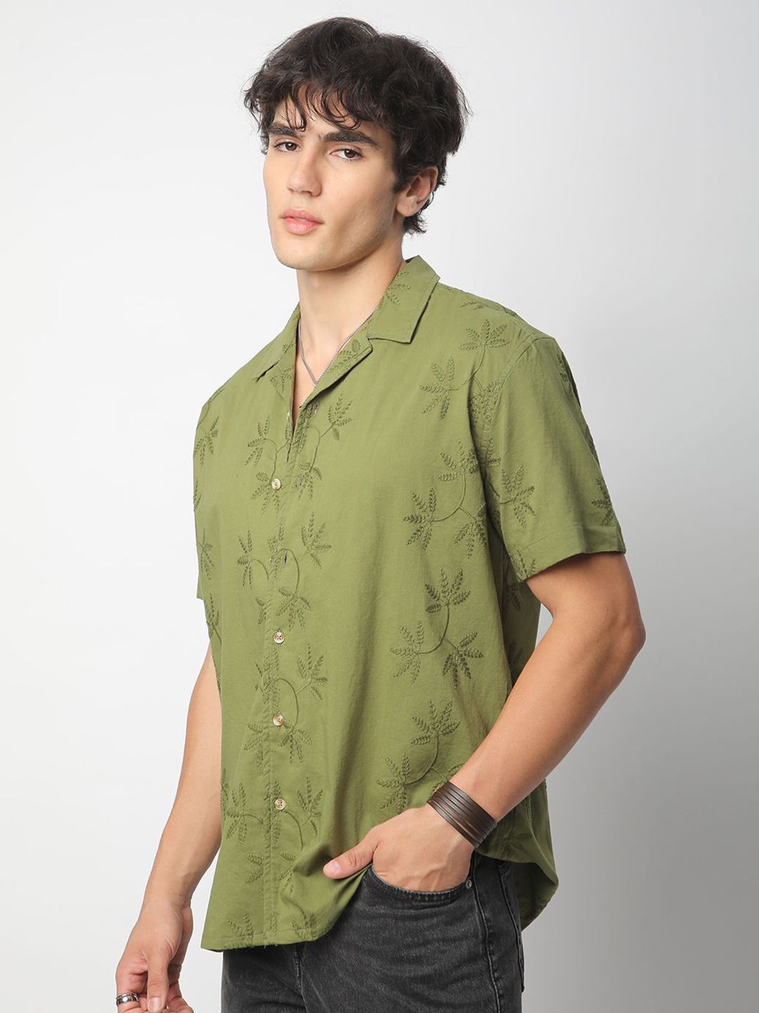 VASTRADO Men Classic Cuban Collar Floral Printed Cotton Oversized Casual Shirt