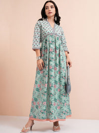 Vishudh Floral Printed A-Line Maxi Cotton Dress