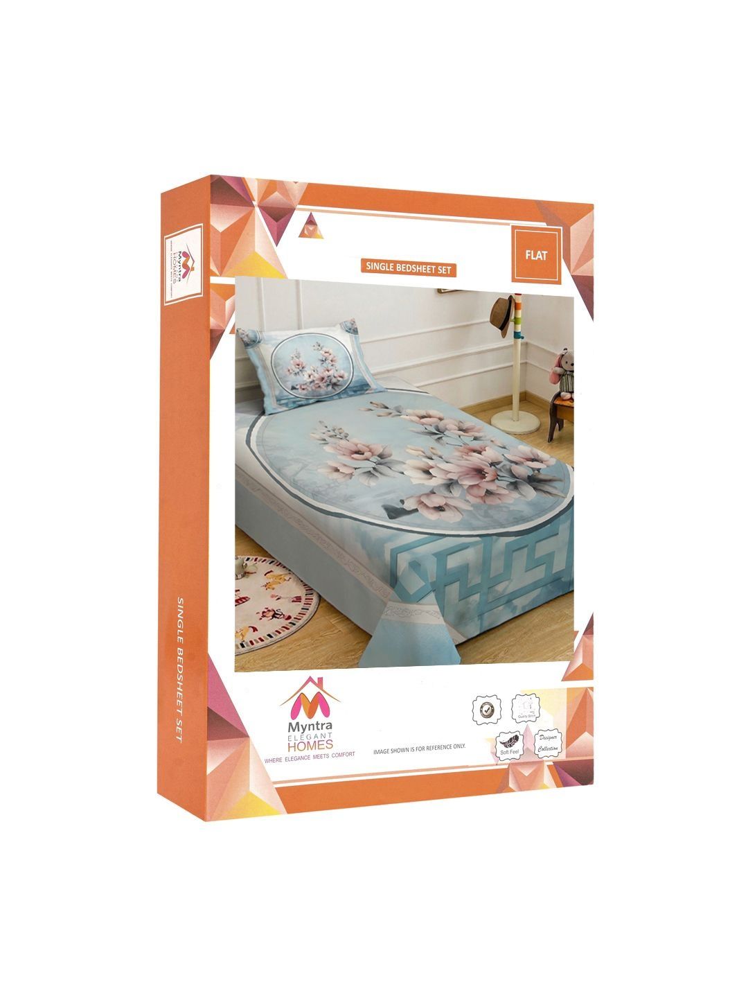 Myntra Elegant Blue & Pink Floral 400 TC Single 7D Bedsheet with 1 Pillow Cover
