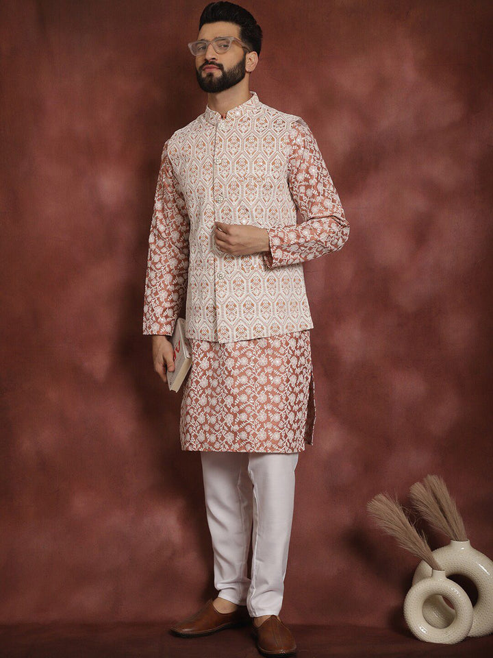 Anouk Floral Embroidered Regular Kurta with Churidar & Nehru jacket