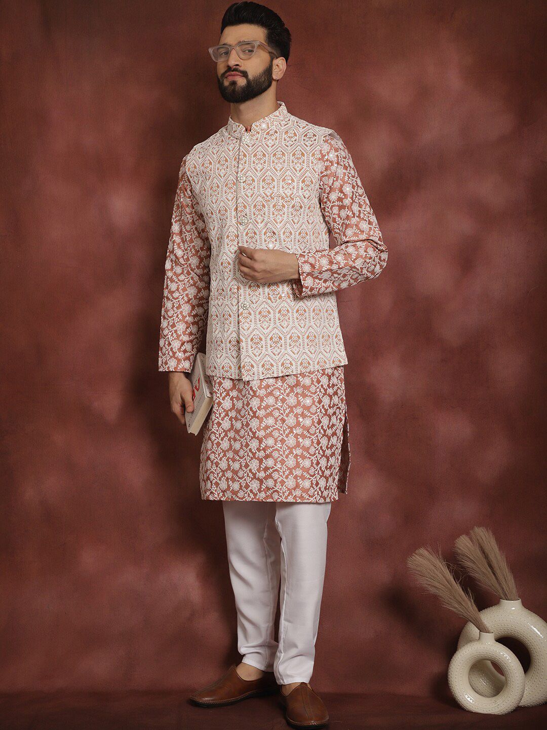 Anouk Floral Embroidered Regular Kurta with Churidar & Nehru jacket