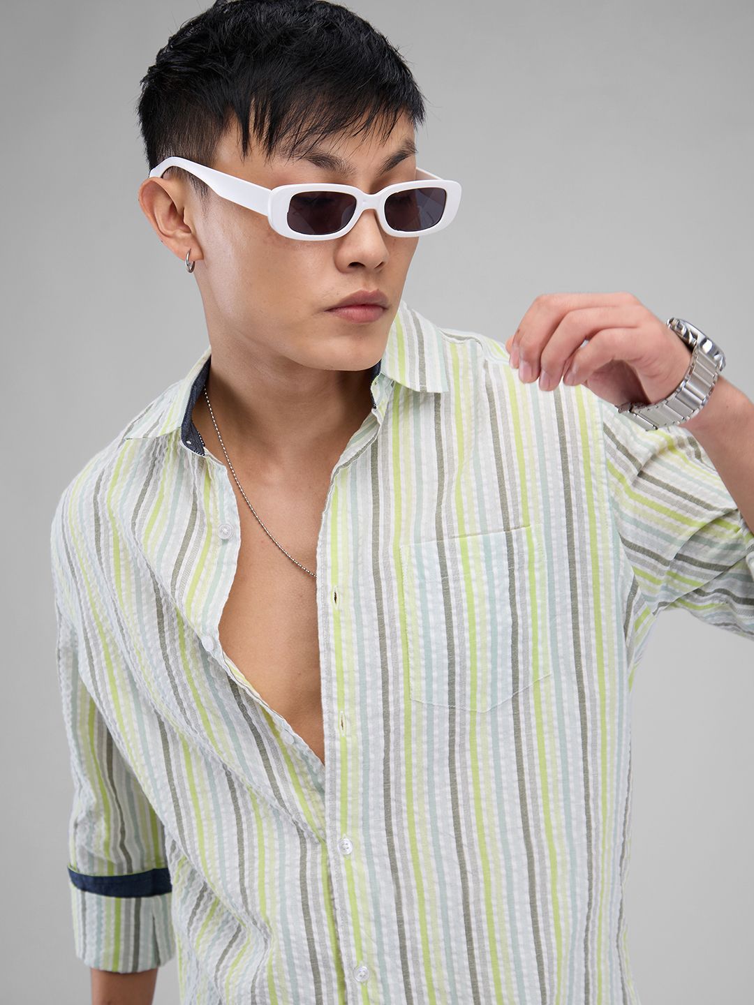 VASTRADO Men Classic Cutaway Collar Multi Striped Cotton Slim Fit Casual Shirt