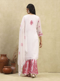 House of Chikankari Women White & Pink Georgette Chikankari Sulam Set Kurta
