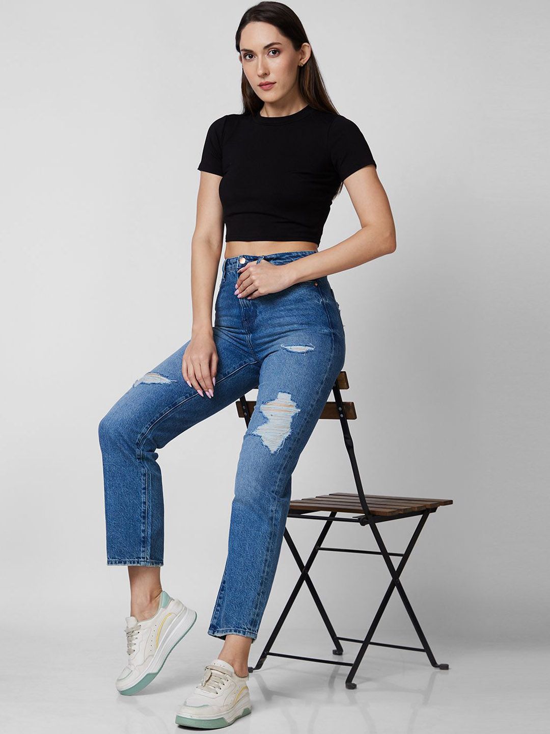 SPYKAR Women Straight Fit High-Rise Mildly Distressed Light Fade Stretchable Jeans