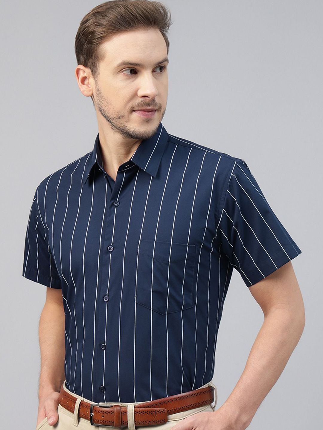 Hancock Men Slim Fit Opaque Striped Pure Cotton Formal Shirt