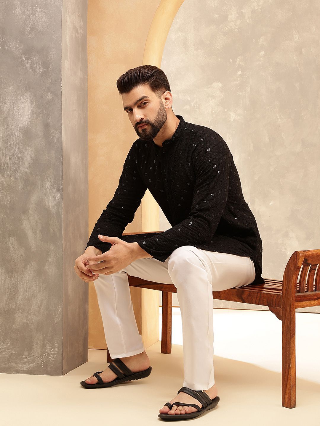 Anouk Black Geometric Embroidered Mandarin Collar Straight Pure Cotton Kurta With Trousers