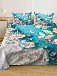 Bercetak Bunga Biru & Putih Dilengkapi Cadar Katil King Double 7D 400 TC Dengan 2 Sarung Bantal