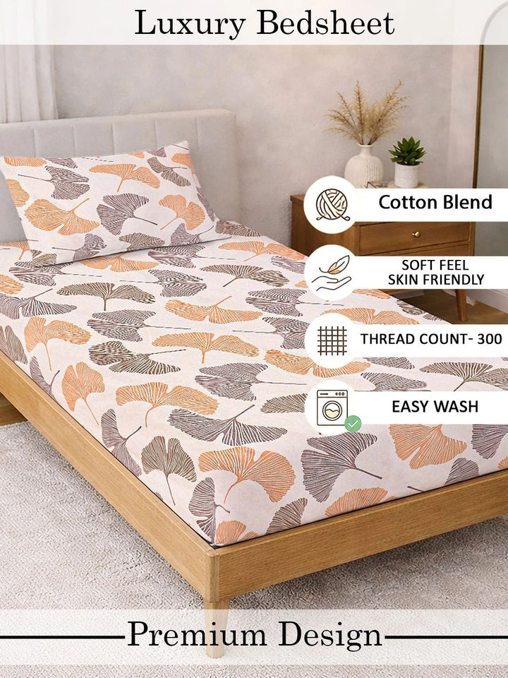 KLOTTHE Beige & Orange Floral 300 TC Single Bedsheet with 1 Pillow Covers