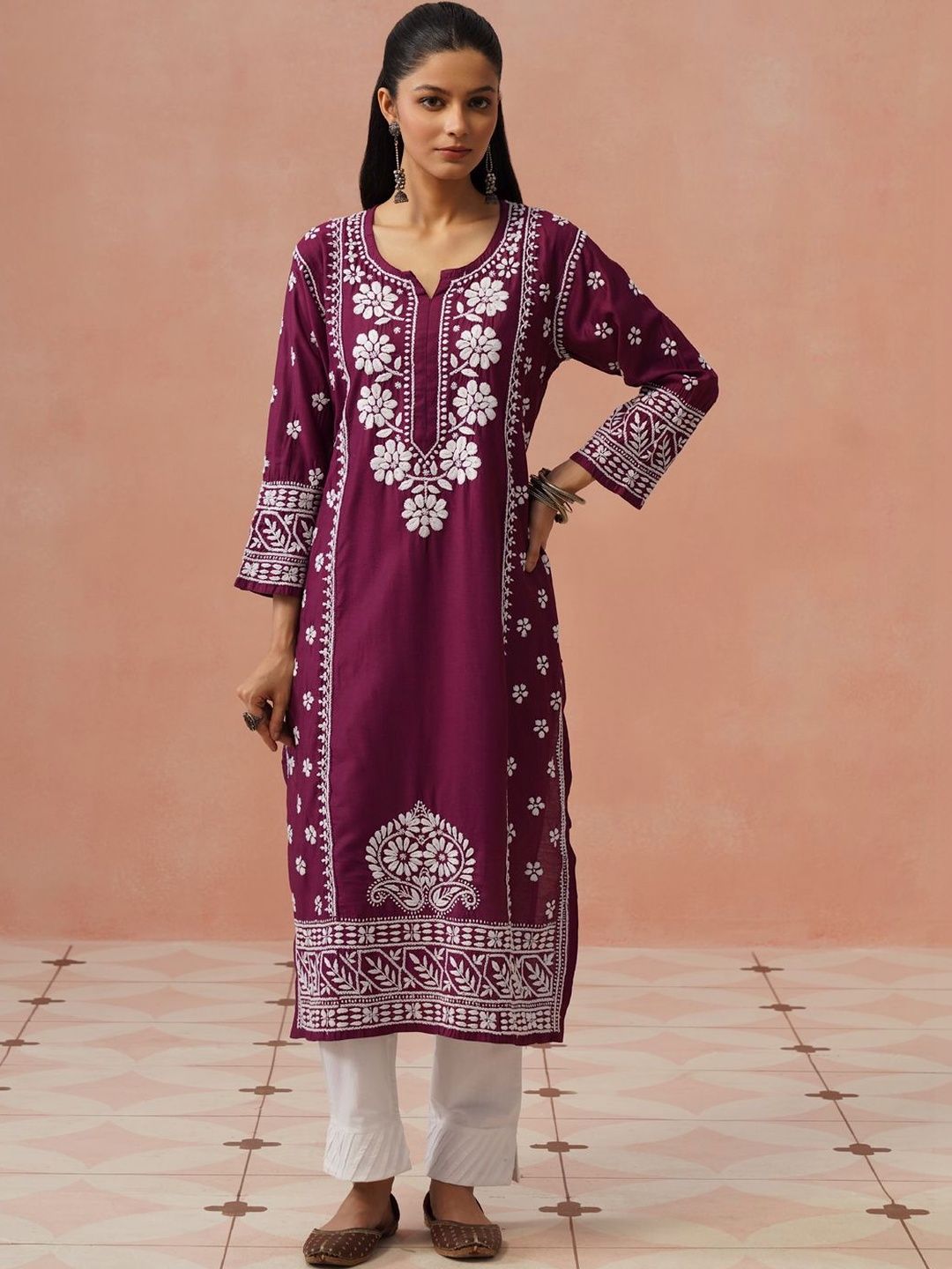 House of Chikankari Women Embroidered Chikankari Chanderi Silk Kurta