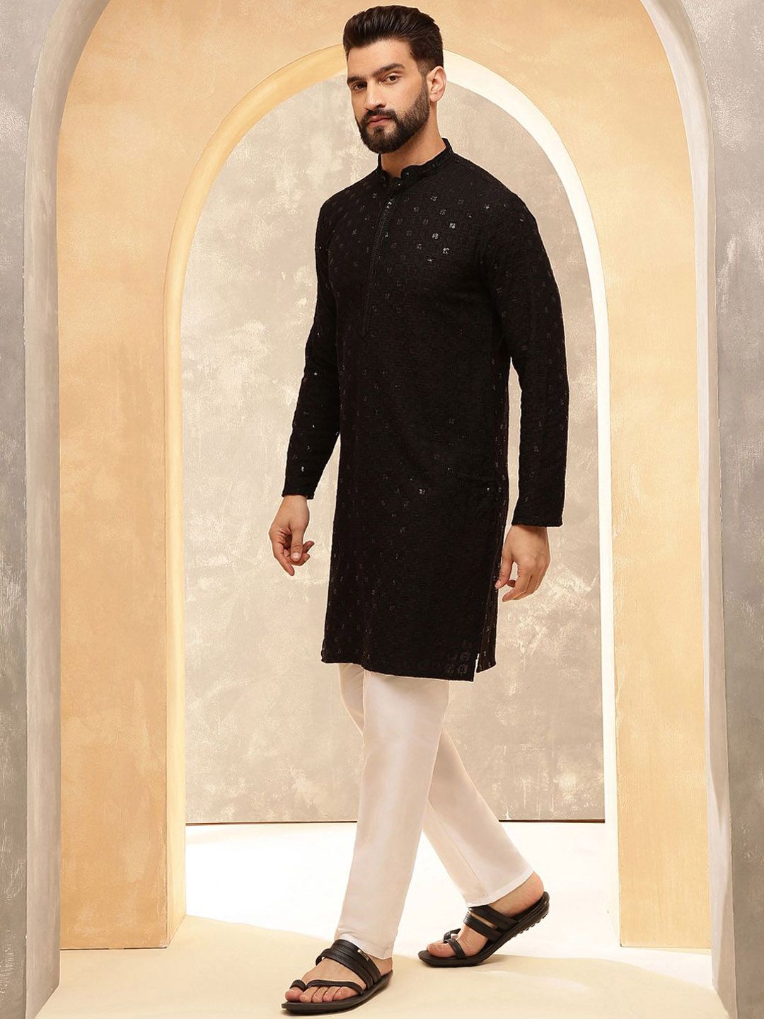 Anouk Black Mandarin Collar Geometric Embroidered Sequinned Pure Cotton Straight Kurta