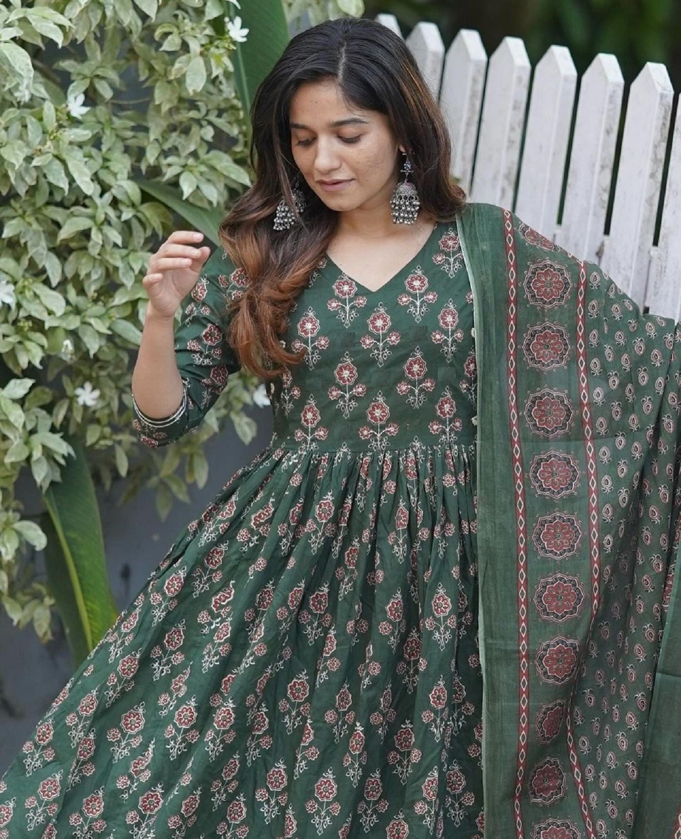 KALINI Floral Printed Anarkali Kurta with Trousers & With Dupatta