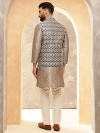 Anouk Brown Woven Design Jacquard Silk Straight Kurta Dengan Piyama Dan Jaket Nehru