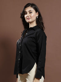 Athena Women Embellished Shirt Collar Cotton Top