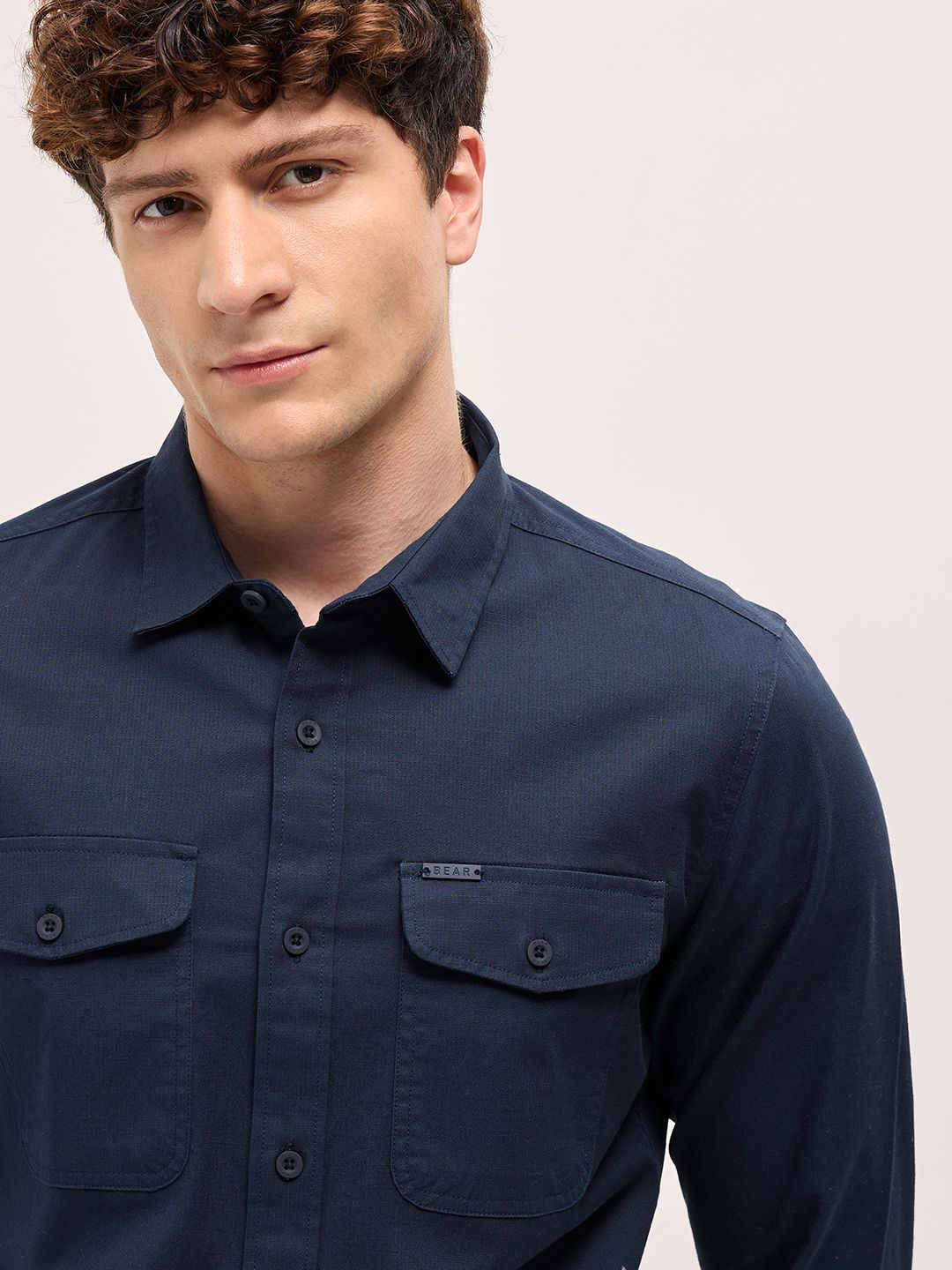 THE BEAR HOUSE Men Spread Collar Solid Cotton Casual Shirt