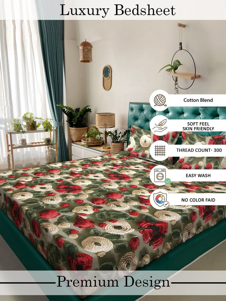 Myntra Elegant Homes Green Floral 300 TC King Cadar dengan 2 Sarung Bantal