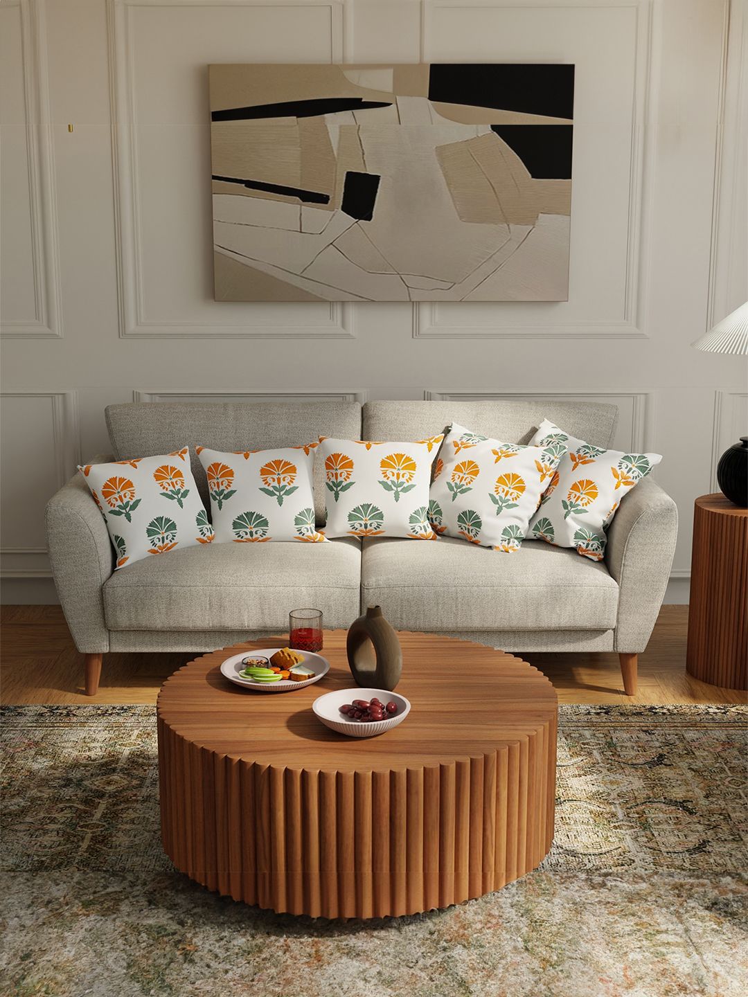 URBAN SPACE White & Orange 5 Pieces Floral Printed Cotton Square Cushion Covers