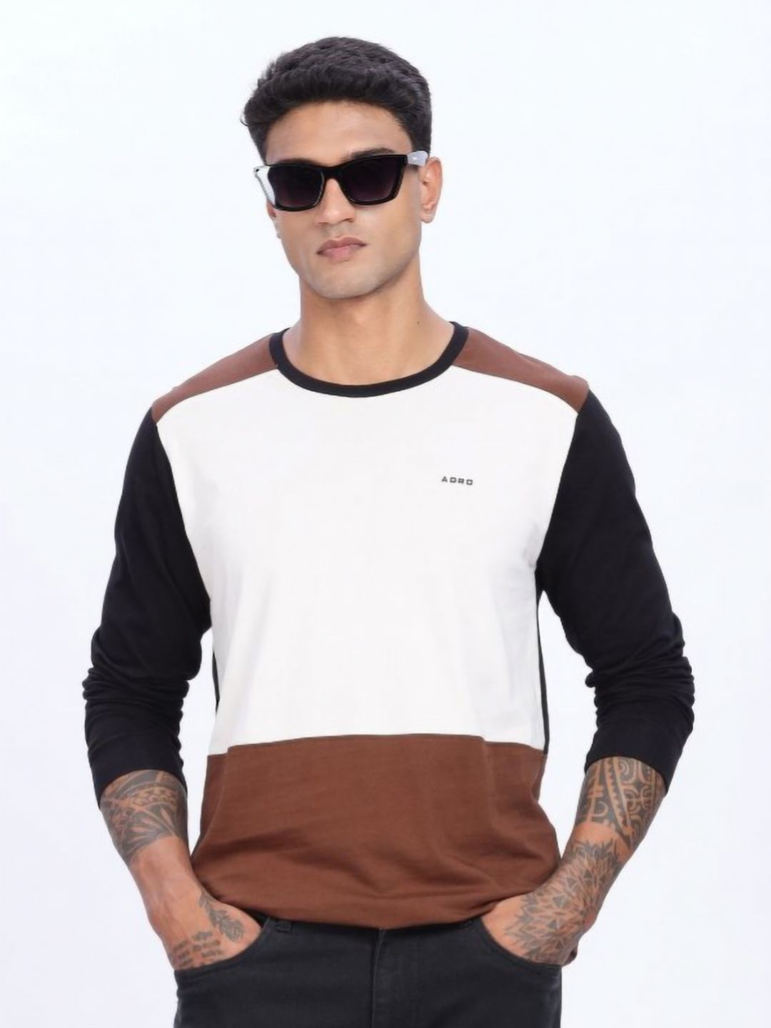 ADRO Lelaki Colourblocked Round Neck Cotton T-shirt