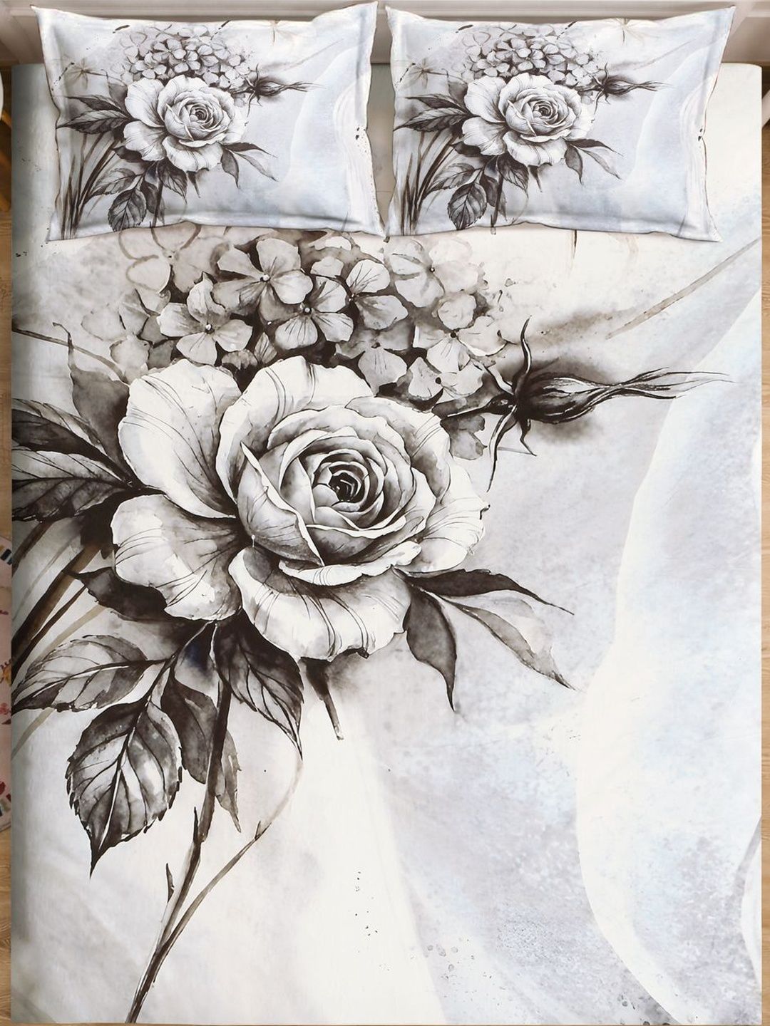 Myntra Elegant Homes Grey Floral 300 TC King Double 7D Bedsheet with 2 Pillow Covers