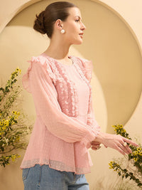 Antheaa Women Puff Sleeves Chiffon A-Line Top