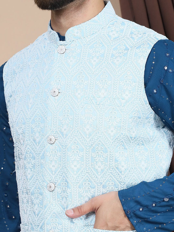 Kurta Kapas Tulen Bersulam Bunga Anouk Berlabuci Biasa Dengan Jaket Churidar Nehru