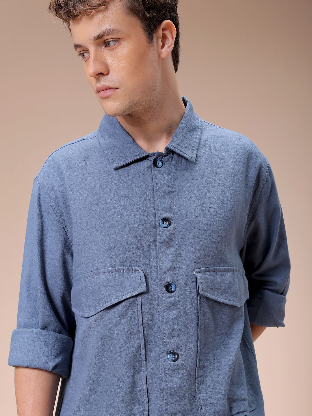 The Indian Garage Co Men Regular Fit Solid Double Flap Pocket Resortwear Overshirt