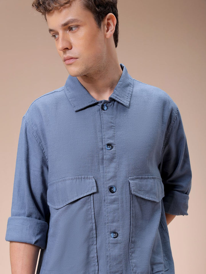 The Indian Garage Co Men Regular Fit Solid Double Flap Pocket Resortwear Overshirt