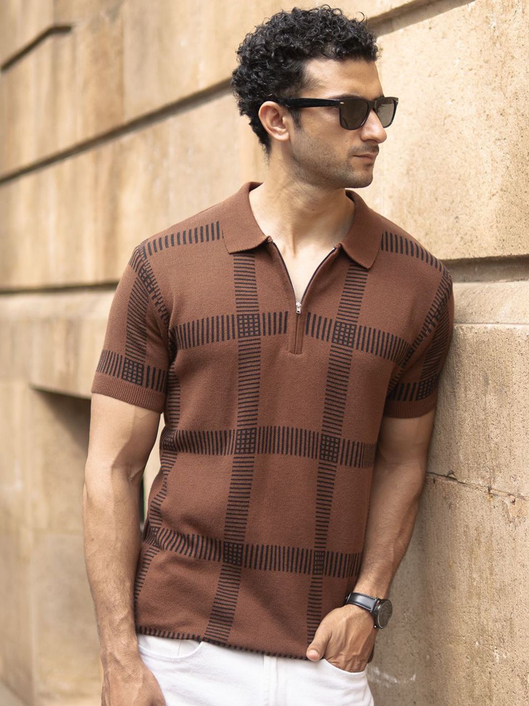 Powerlook Men Checked Knitted Polo Collar T-shirt
