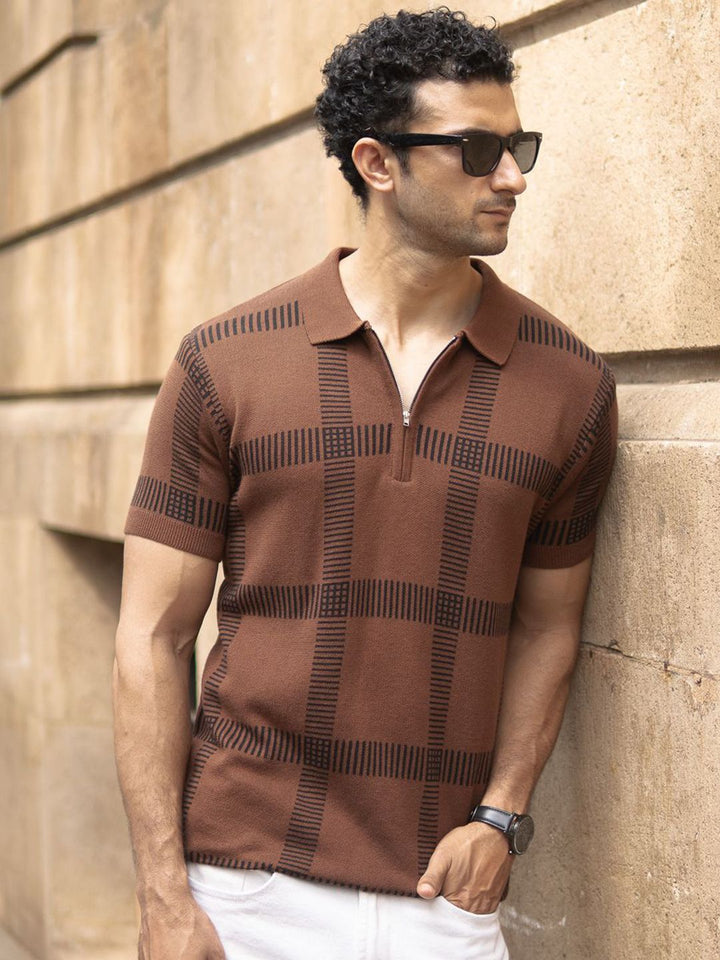 Powerlook Men Checked Knitted Polo Collar T-shirt